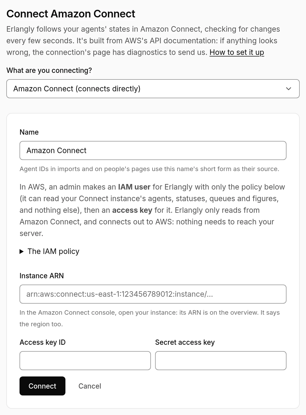 Erlangly's form for connecting Amazon Connect: the instance's ARN, and the IAM user's access key.