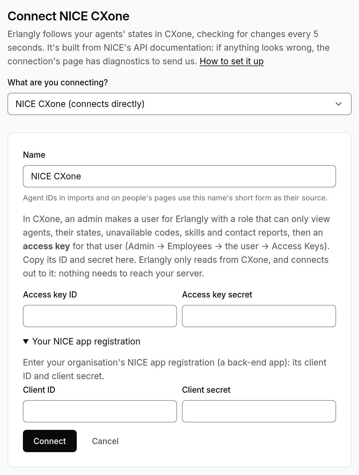 Erlangly's form for connecting NICE CXone: the access key's ID and secret, and your NICE app registration.