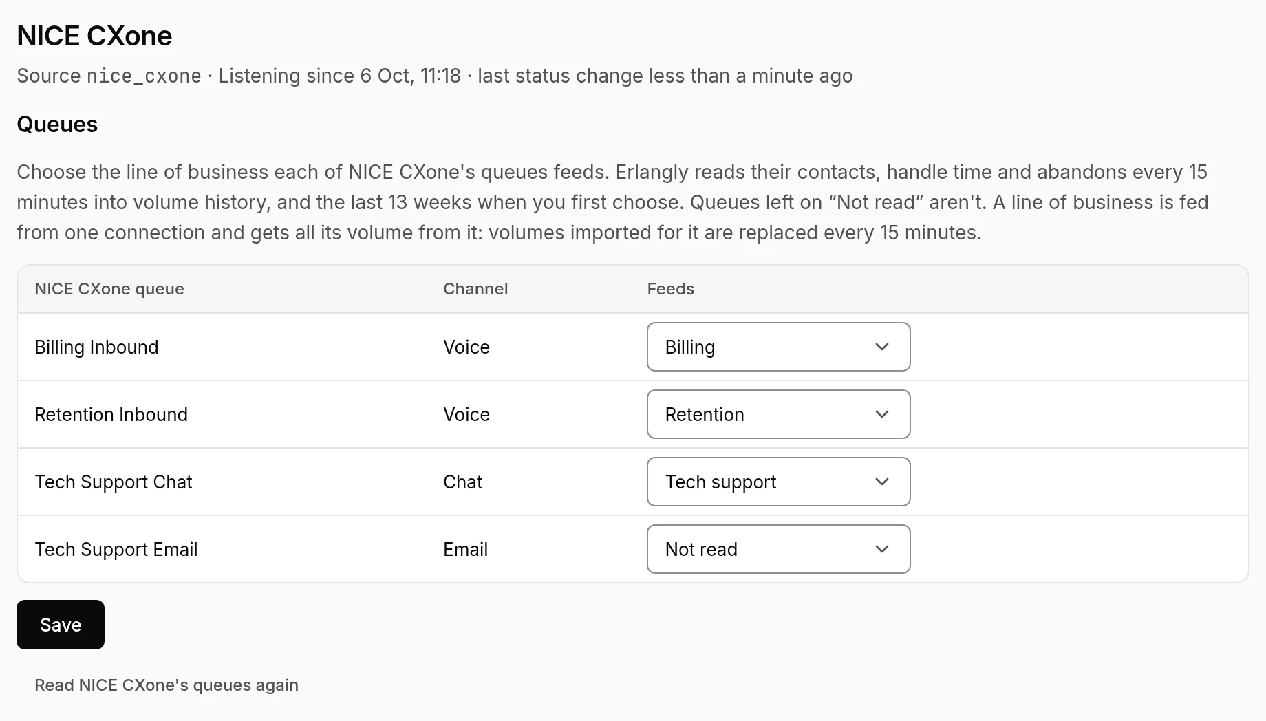 A NICE CXone connection's page in Erlangly: when it started listening, and each inbound skill with the line of business it feeds.