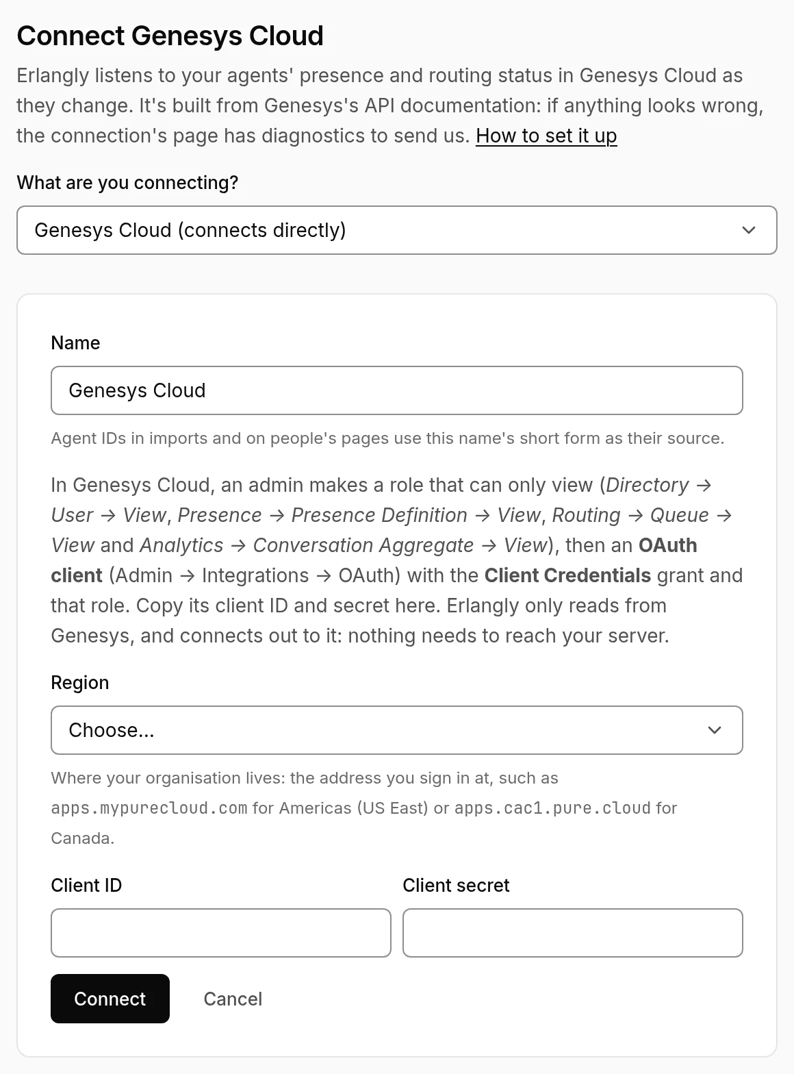 Erlangly's form for connecting Genesys Cloud: the region, and the OAuth client's ID and secret.
