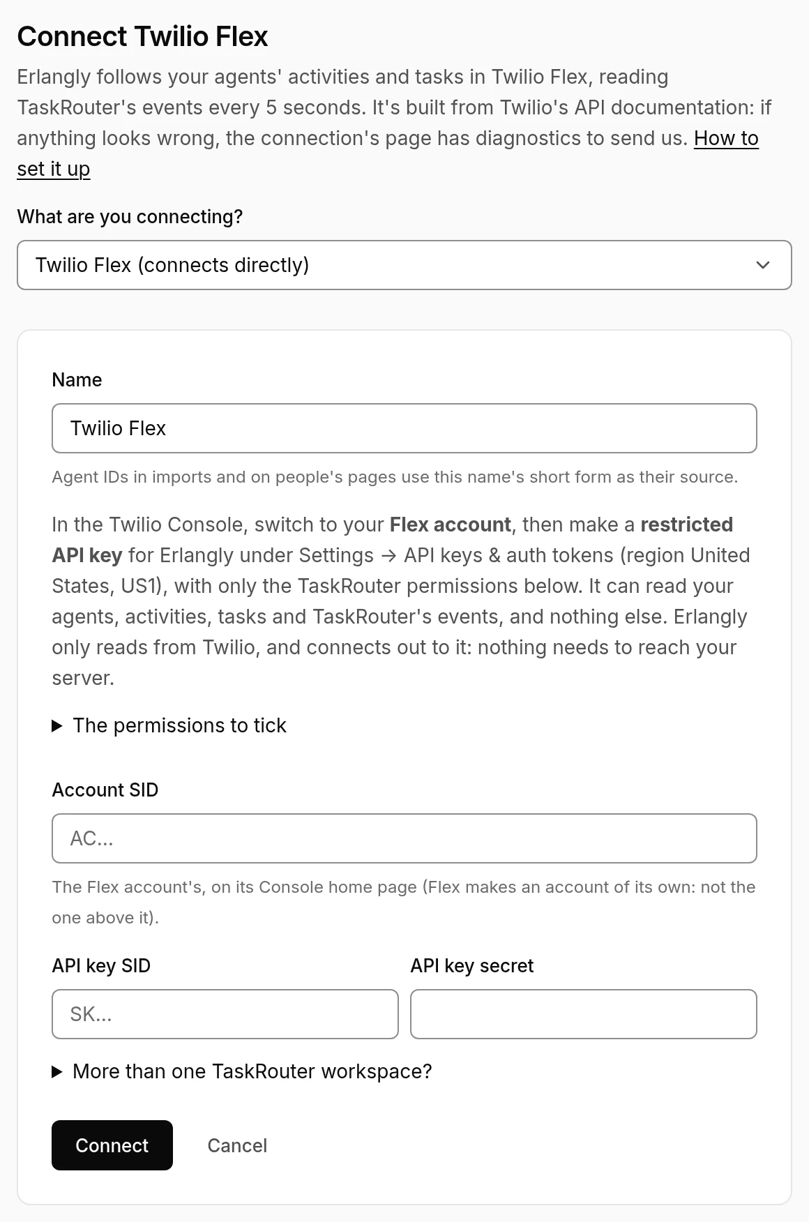 Erlangly's form for connecting Twilio Flex: the Account SID, the API key's SID and secret, and the TaskRouter permissions to tick.