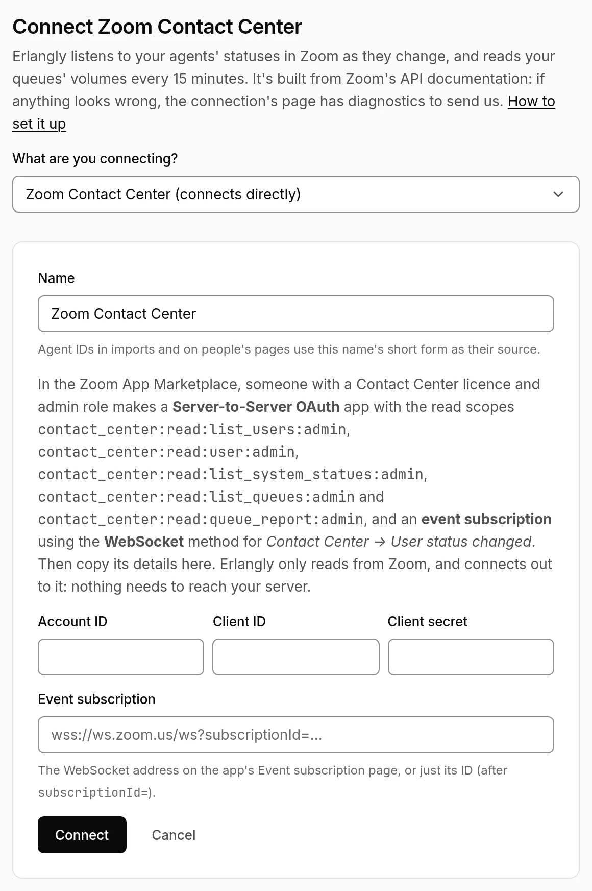 Erlangly's form for connecting Zoom Contact Center: the app's account ID, client ID and secret, and the event subscription.