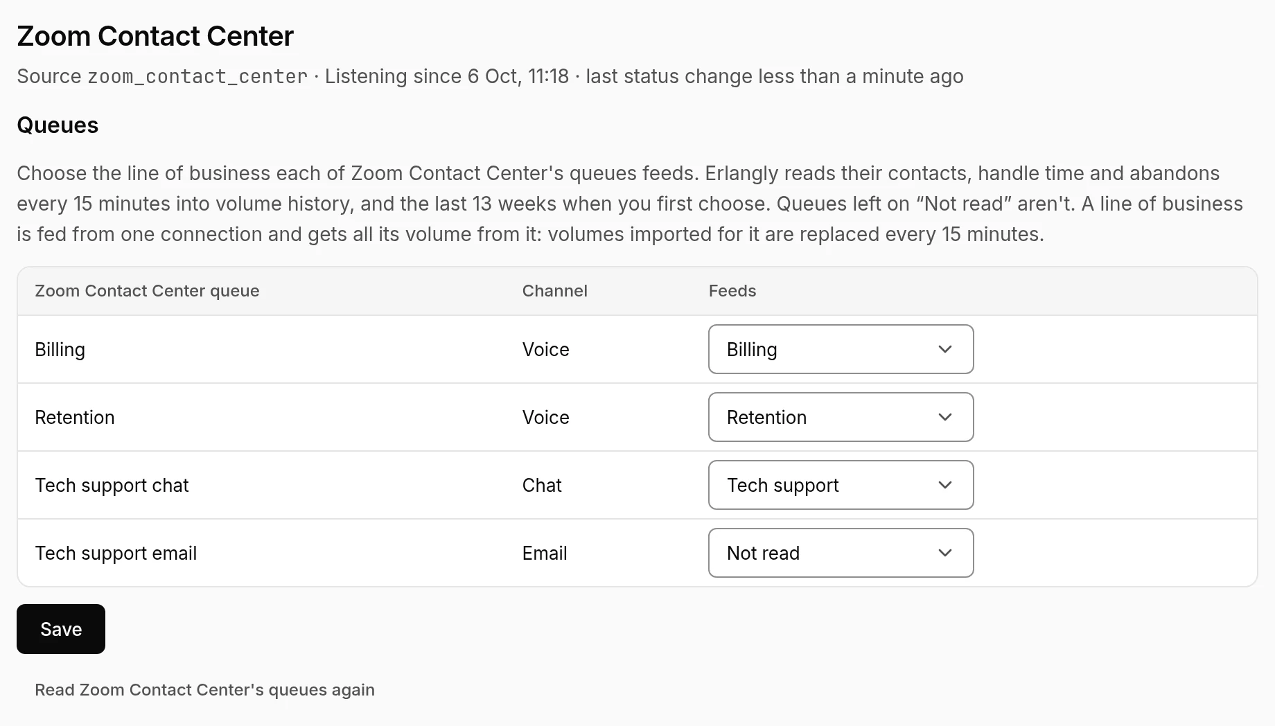 A Zoom Contact Center connection's page in Erlangly: when it started listening, and each Zoom queue with the line of business it feeds.