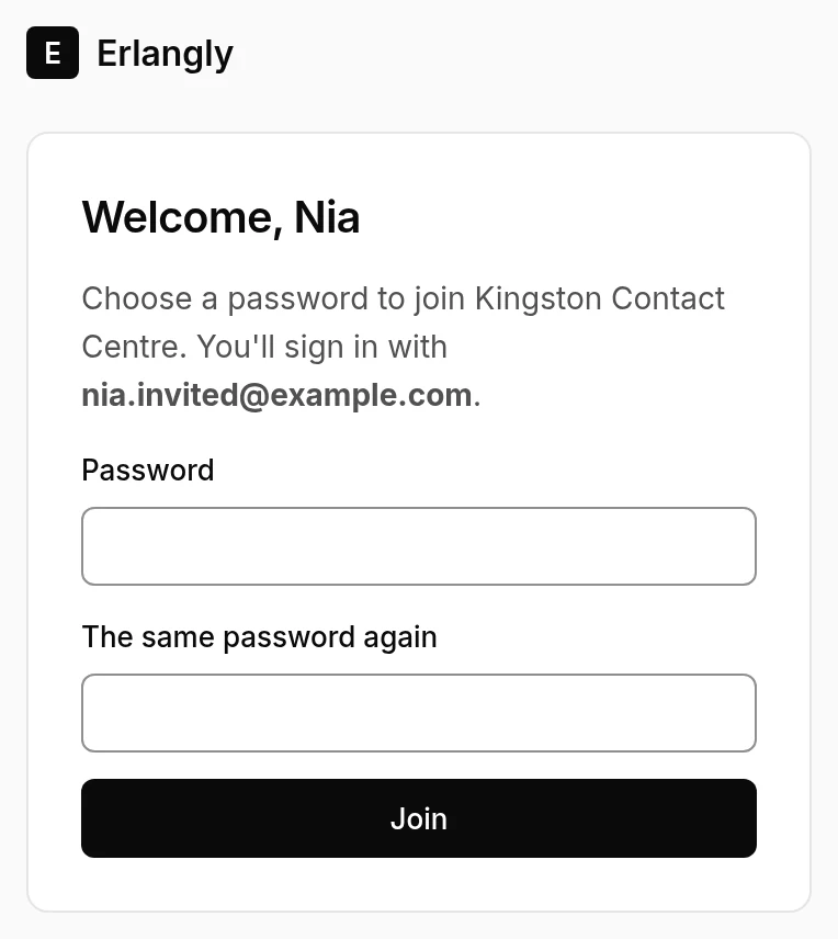 Welcome, Nia: choose a password to join Kingston Contact Centre, then Join.