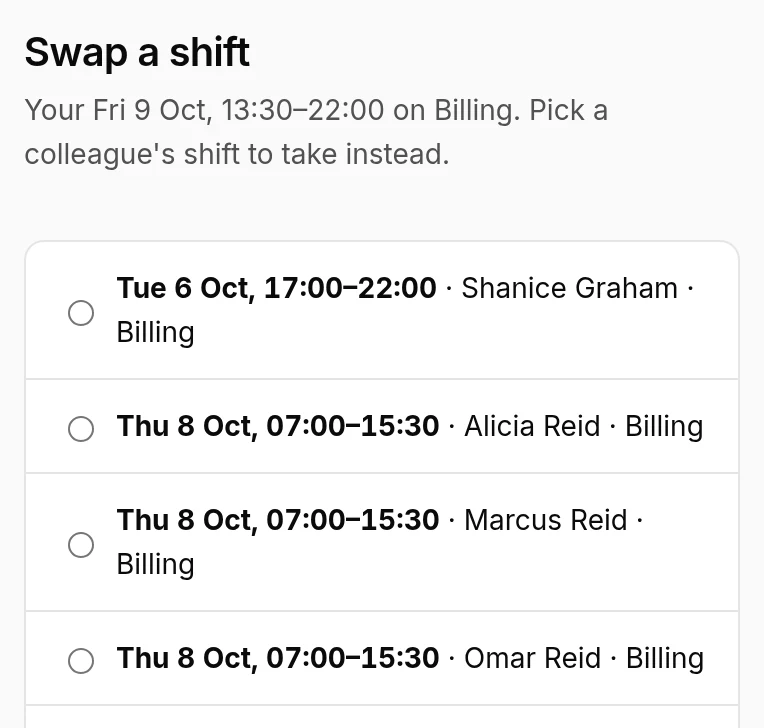Swap a shift on a phone: the agent's Friday 13:30–22:00 on Billing, and colleagues' shifts to take instead.