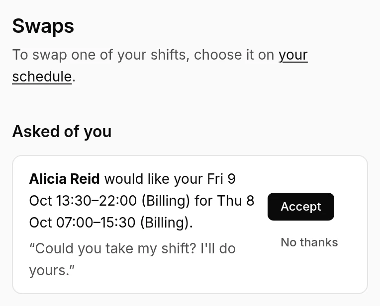 Swaps on a phone: Alicia Reid would like your Friday shift for her Thursday one, with her note, and Accept or No thanks.