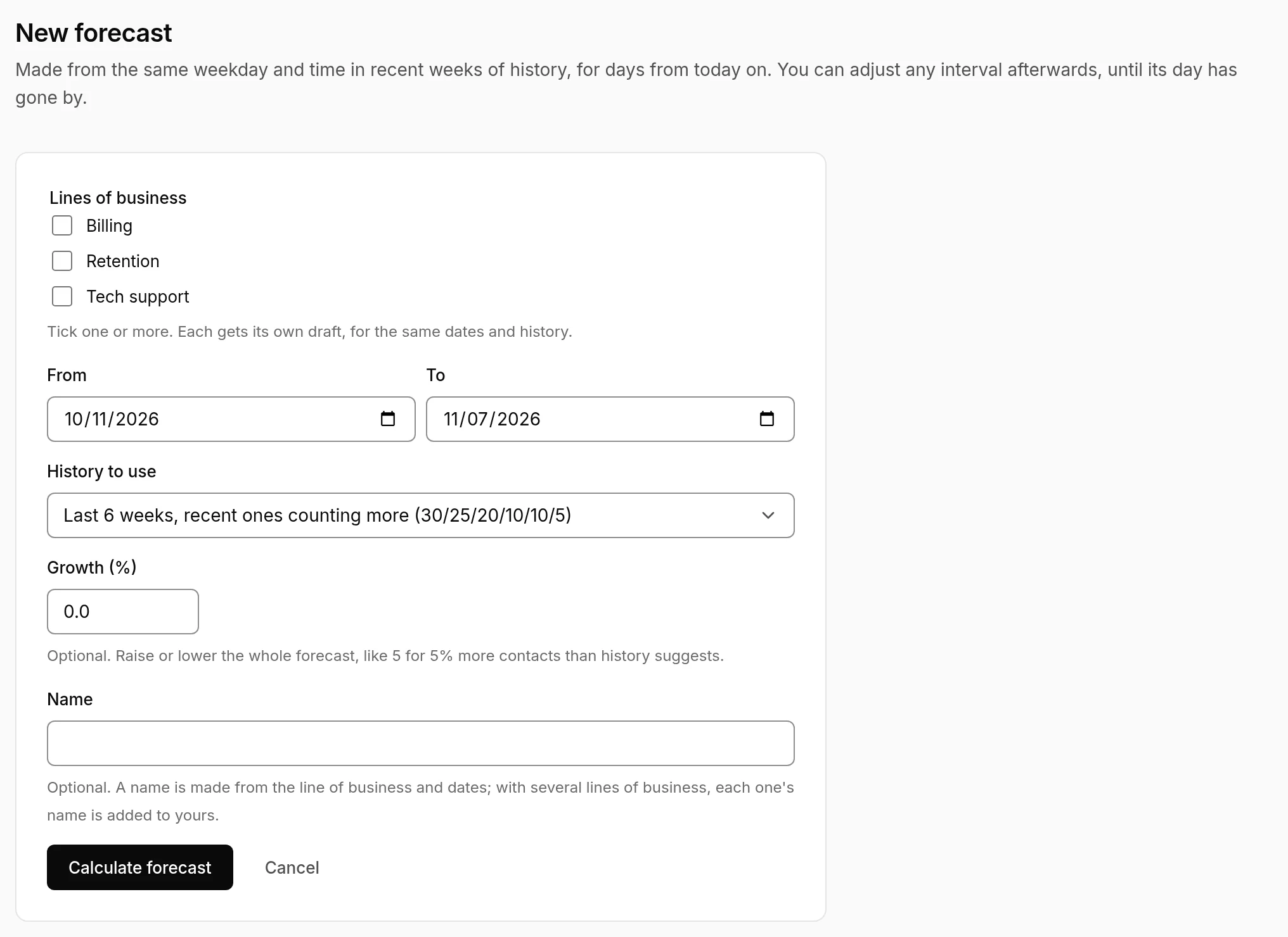 The New forecast form: lines of business, From and To dates, history to use, growth and an optional name.