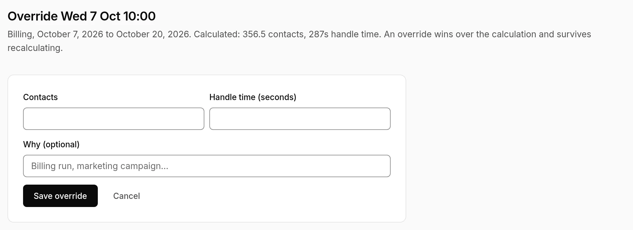 The override form for Wednesday at 10:00: contacts, handle time in seconds, and why.