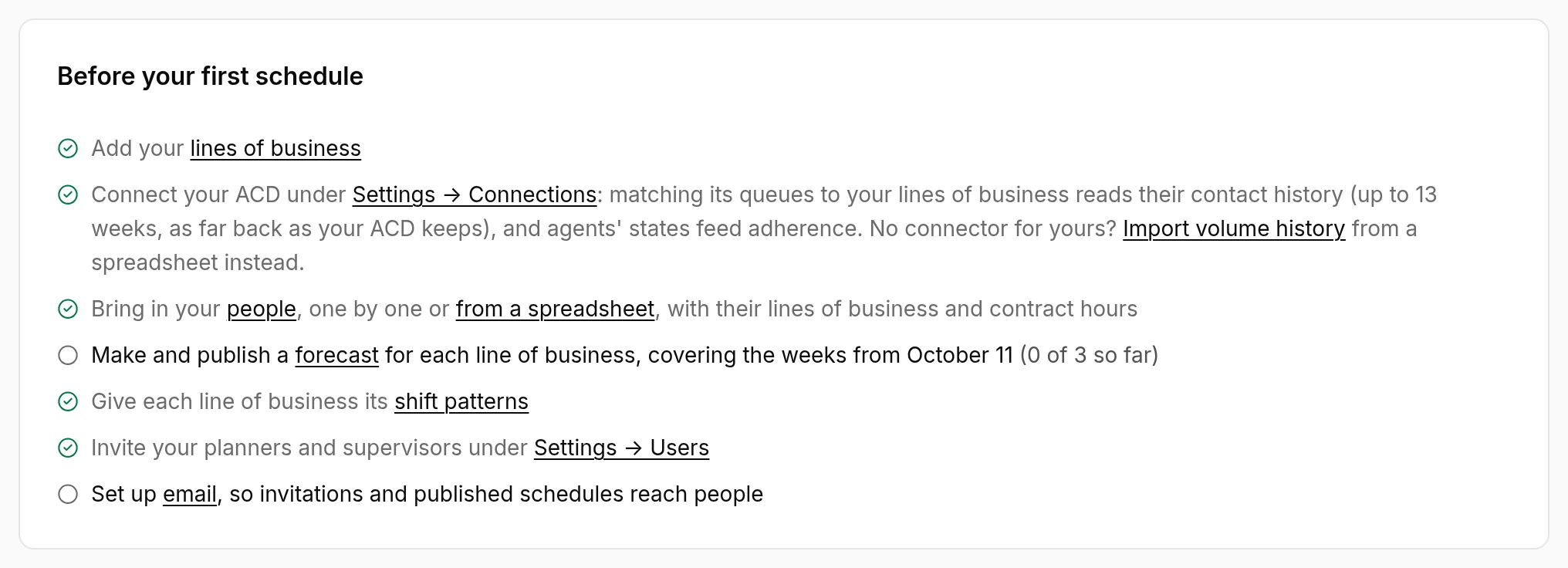 Before your first schedule: lines of business, connecting your ACD, people, a forecast for each line of business, shift patterns, inviting planners and supervisors, and email, most ticked off.