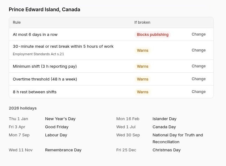 Labour rules for Prince Edward Island: each rule, whether it warns or blocks publishing, and the year's holidays.